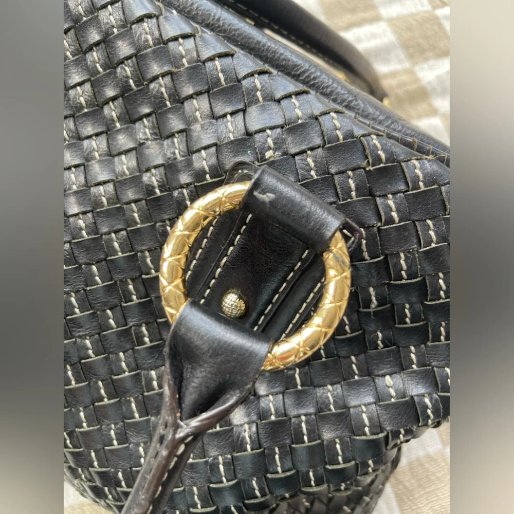 Antonio Melani Black Intrecciato Genuine Leather Satchel Handbag Gold Hardware